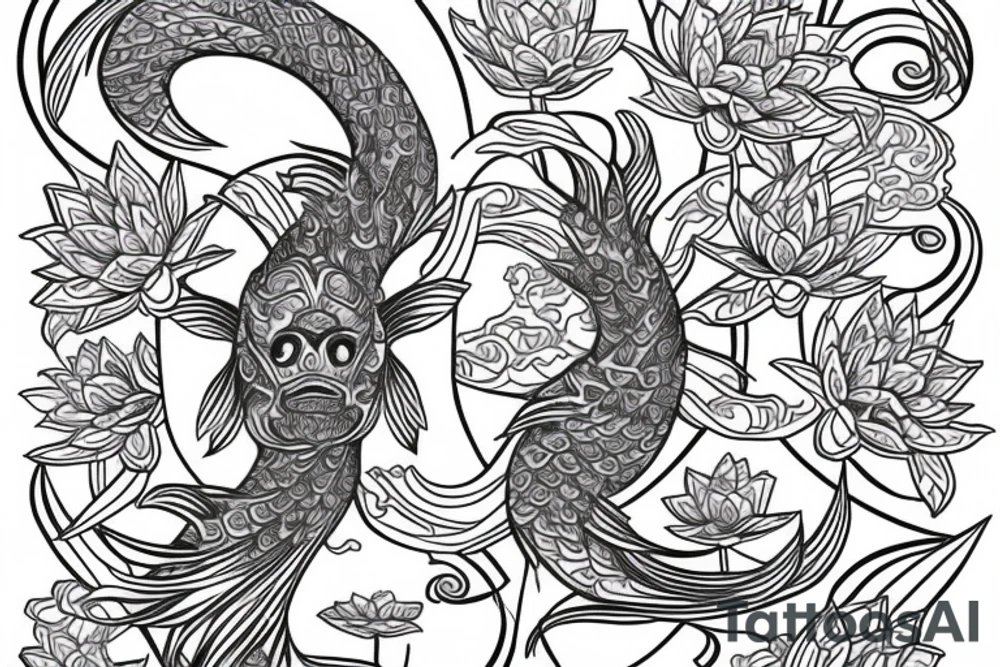 Coi fish with rich colorful lotus flower with A samurai standing on it tattoo idea