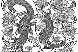 Coi fish with rich colorful lotus flower with A samurai standing on it tattoo idea