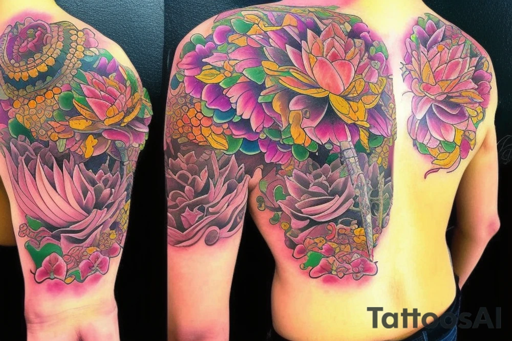Coi fish with rich colorful lotus flower with A samurai standing on it tattoo idea