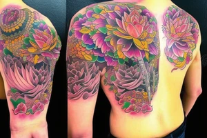Coi fish with rich colorful lotus flower with A samurai standing on it tattoo idea