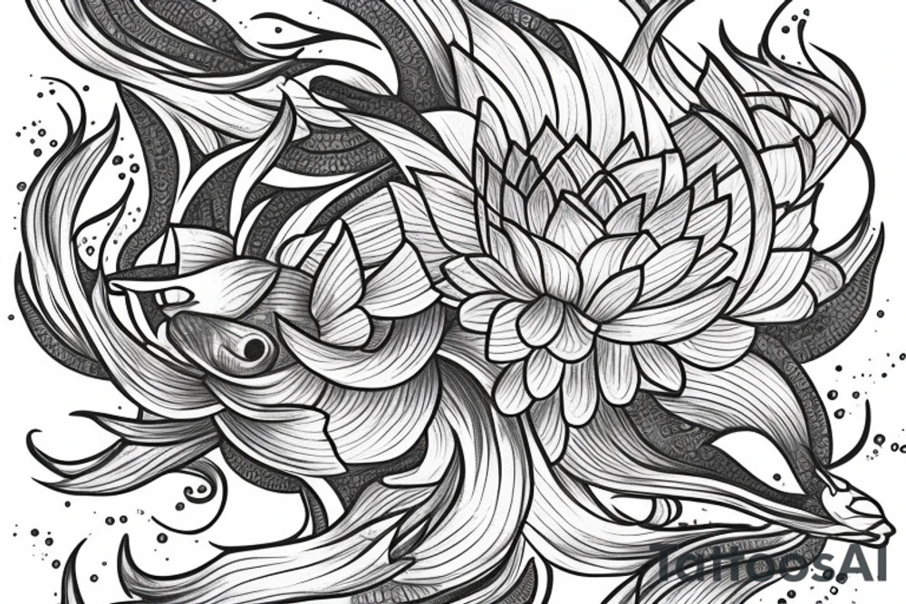 Coi fish, rich details, 8k, with lotus flower, water splash tattoo idea
