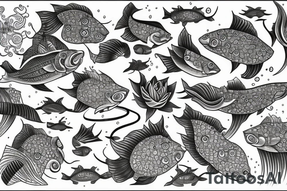 Coi fish, rich details, 8k, with lotus flower, water splash tattoo idea