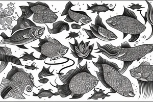 Coi fish, rich details, 8k, with lotus flower, water splash tattoo idea