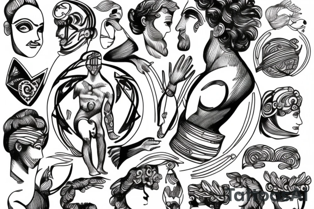 Greek god sketch with decorative lines and shapes tattoo idea