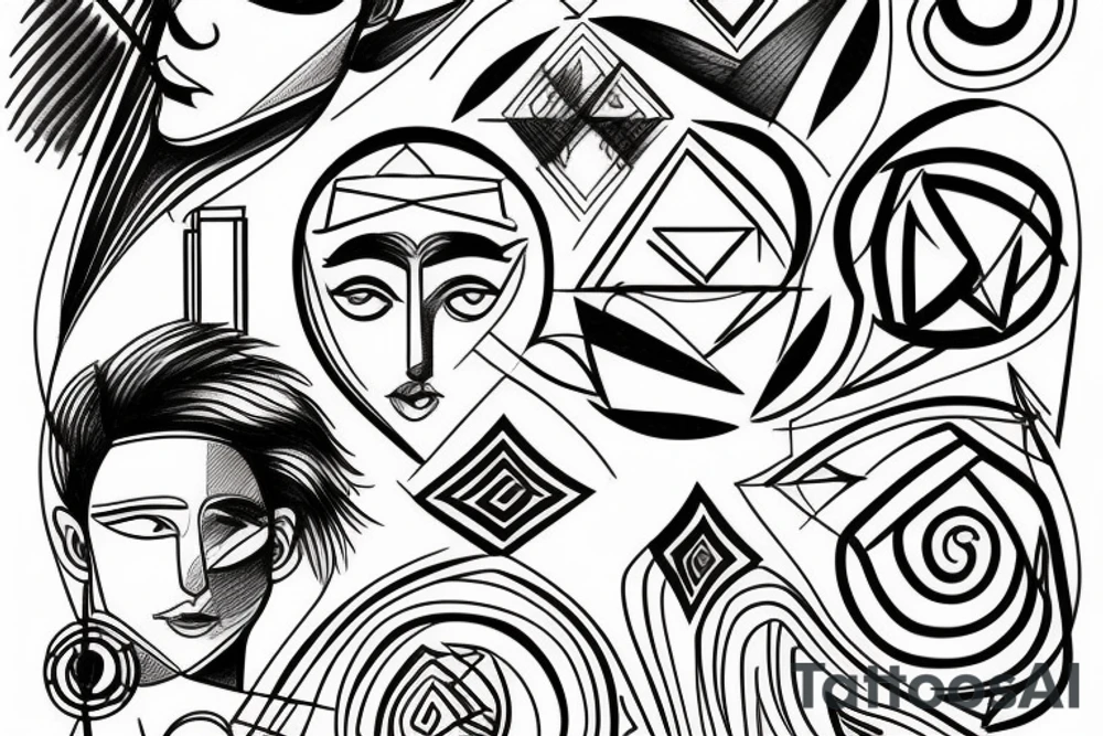 Greek god sketch with geometric lines and shapes surrounding the sketch tattoo idea