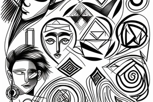 Greek god sketch with geometric lines and shapes surrounding the sketch tattoo idea