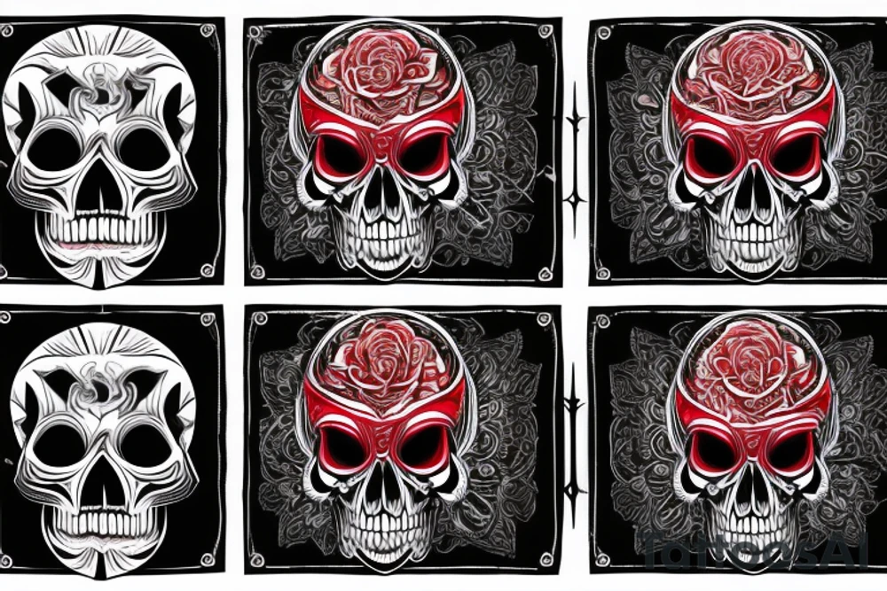 Tribal pattern skull on left half realistic skull on right half with another skull with bleeding ruby between teeth other skulls and devils forming half-sleeve tattoo idea