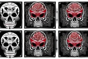 Tribal pattern skull on left half realistic skull on right half with another skull with bleeding ruby between teeth other skulls and devils forming half-sleeve tattoo idea