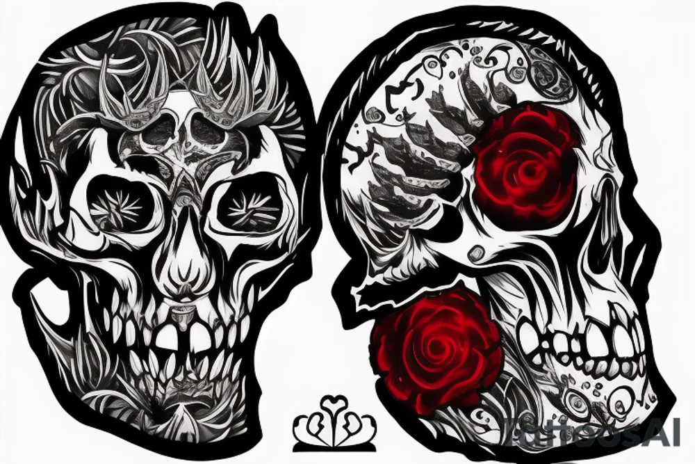 Tribal pattern skull on left half realistic skull on right half with another skull with bleeding ruby between teeth other skulls and devils forming half-sleeve tattoo idea