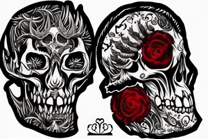 Tribal pattern skull on left half realistic skull on right half with another skull with bleeding ruby between teeth other skulls and devils forming half-sleeve tattoo idea