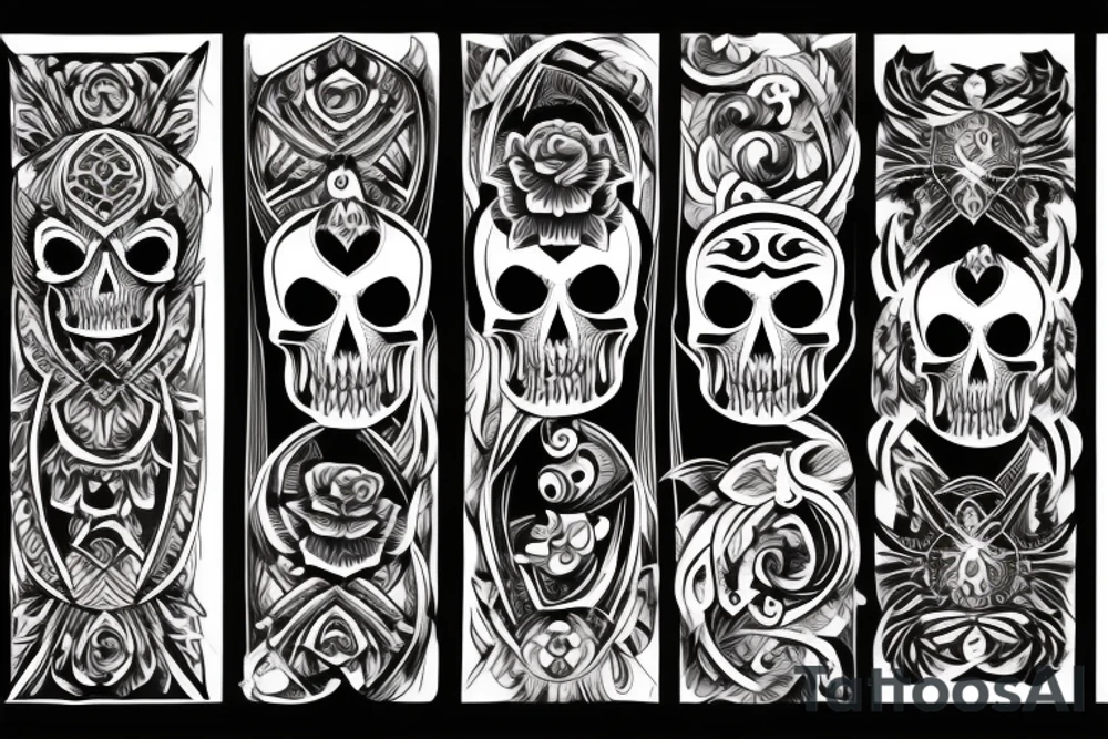 Tribal pattern skull on left half realistic skull on right half tattoo idea