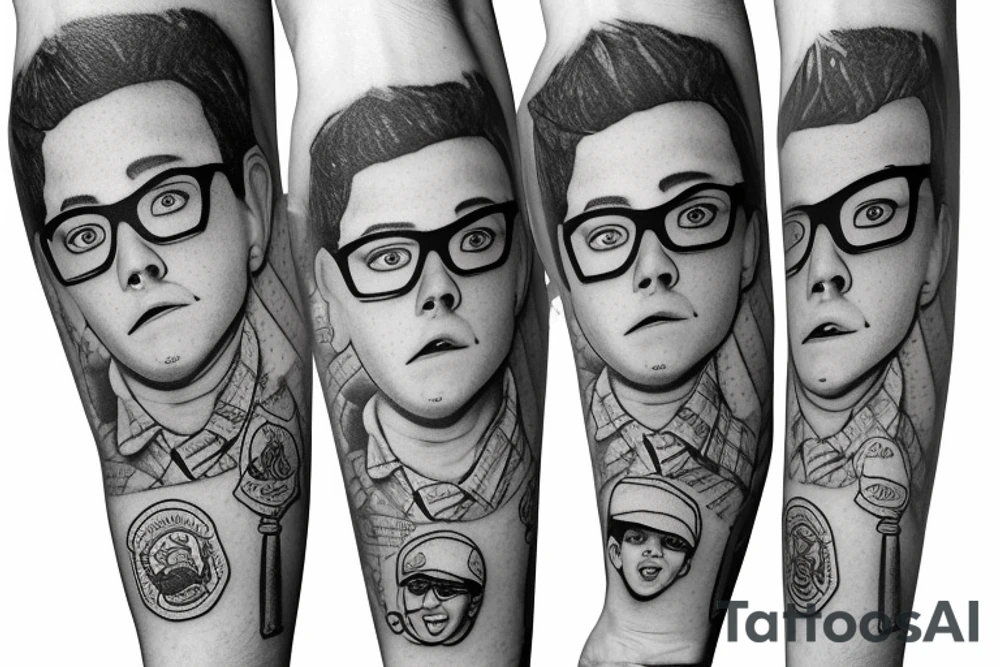 Sandlot themed half sleeve with squints glasses tattoo idea