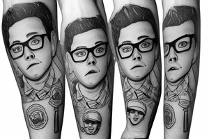 Sandlot themed half sleeve with squints glasses tattoo idea