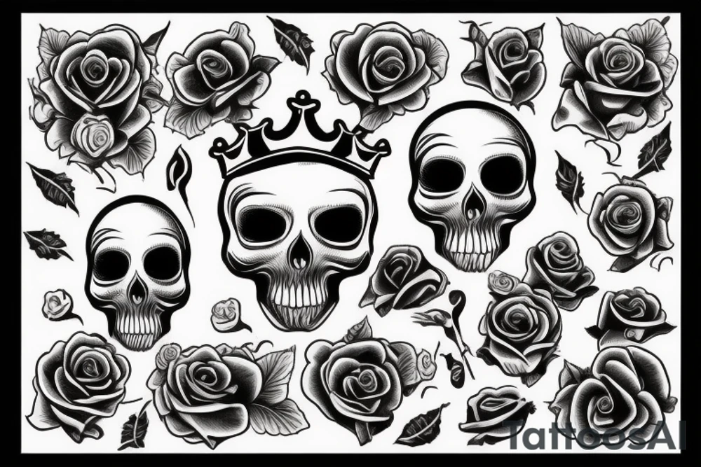 Skull with crown and roses tattoo idea