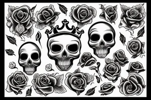 Skull with crown and roses tattoo idea