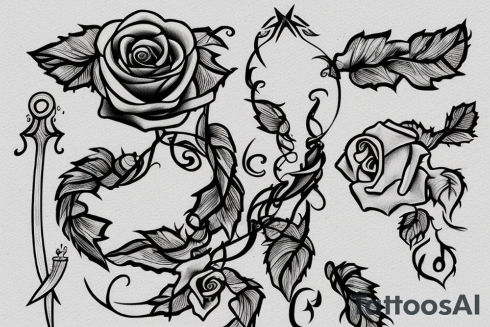 A dagger with a vine twisting around it. A rose is at the end of the vine tattoo idea