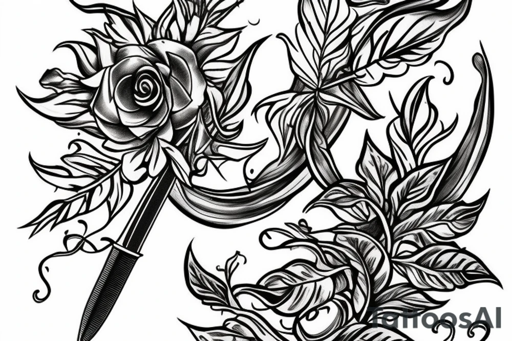 A dagger with a vine twisting around it with a flower at the tip tattoo idea