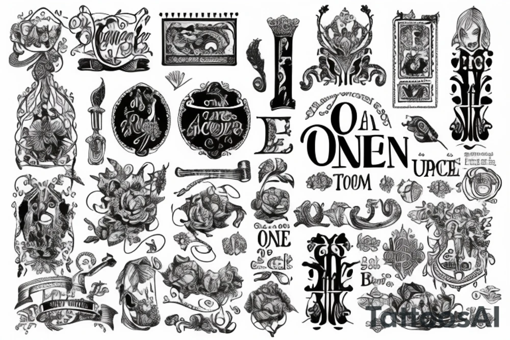 bold text "Once upon a time" is written in old medieval typeface tattoo idea