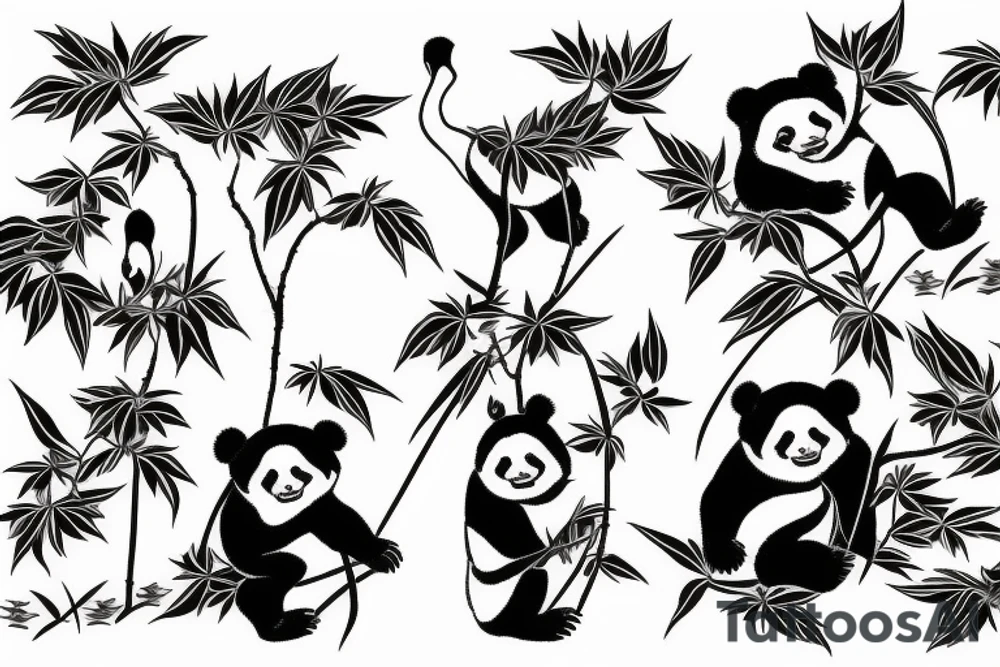 Crane and pandas surrounded by lotuses tattoo idea