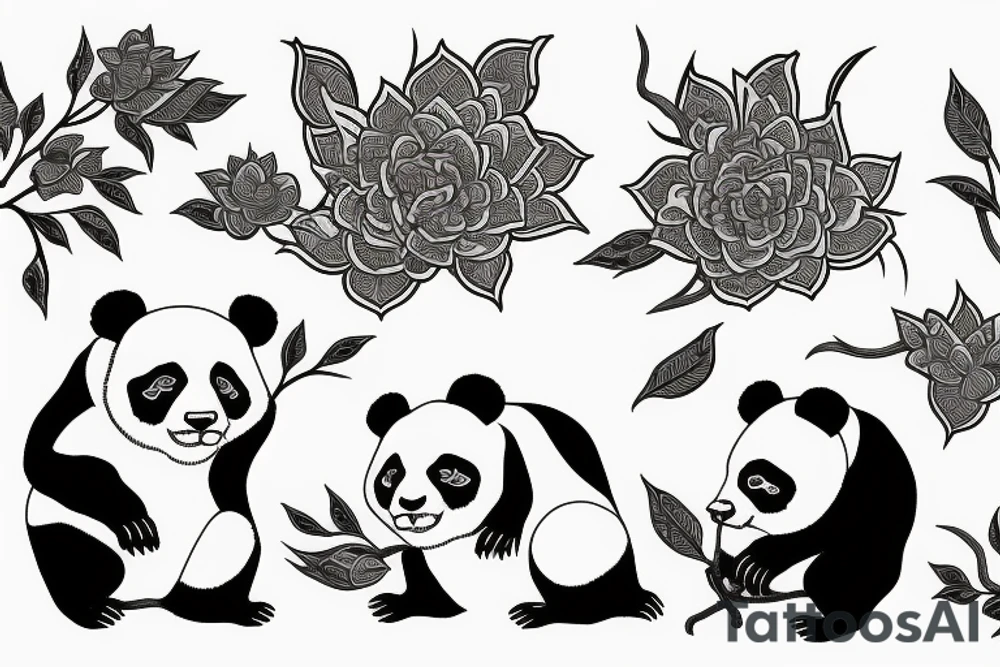 Crane and pandas surrounded by lotuses tattoo idea