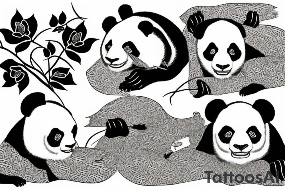 Realistic Crane and pandas surrounded by lotuses tattoo idea