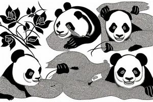Realistic Crane and pandas surrounded by lotuses tattoo idea