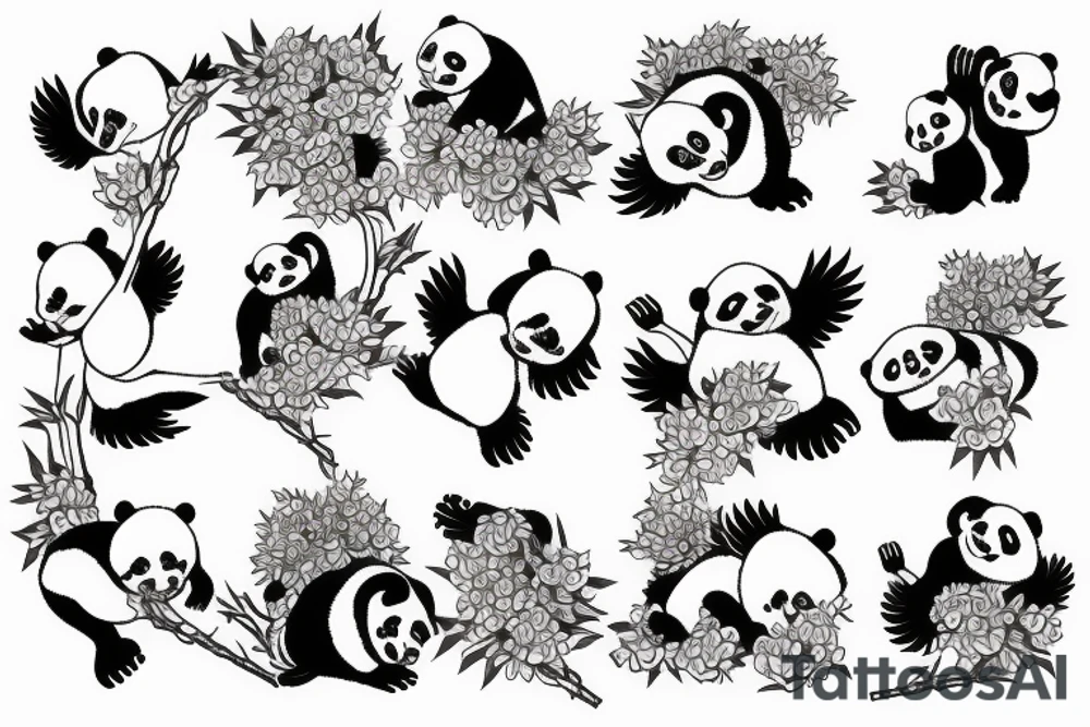 Realistic Crane and pandas surrounded by lotuses tattoo idea