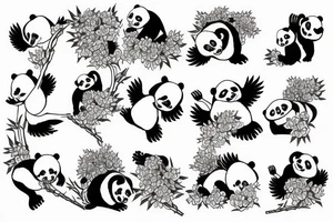 Realistic Crane and pandas surrounded by lotuses tattoo idea