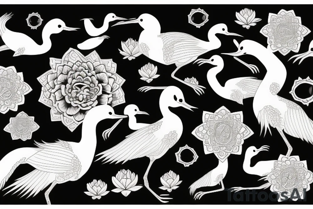 Realistic Crane and pandas surrounded by lotuses tattoo idea