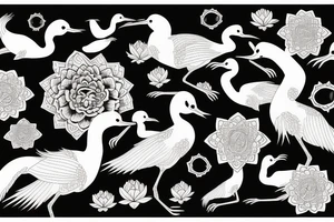 Realistic Crane and pandas surrounded by lotuses tattoo idea