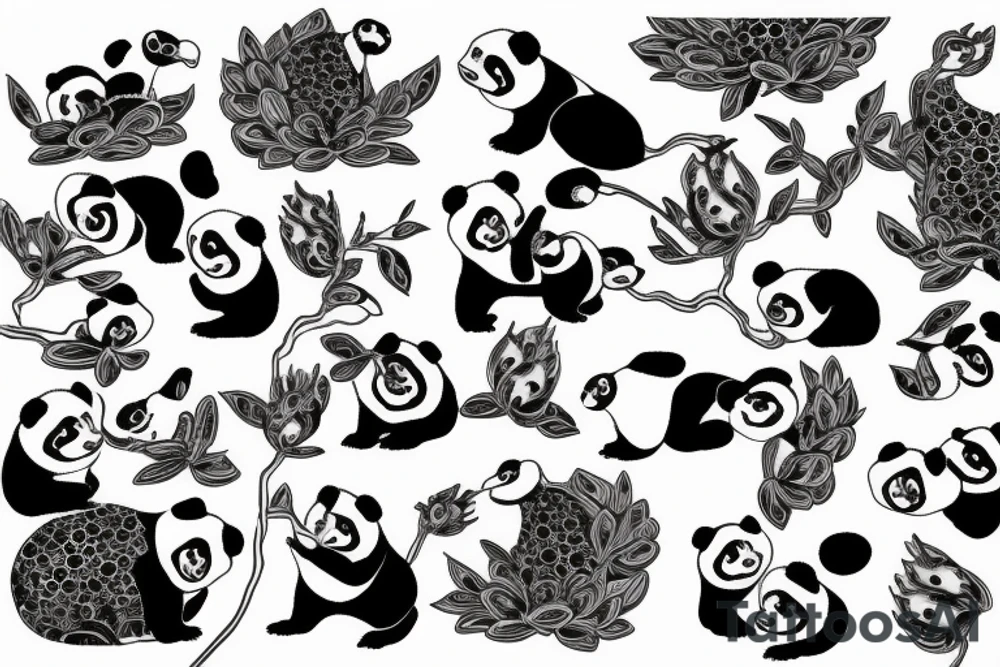 Realistic Crane and pandas surrounded by lotuses tattoo idea