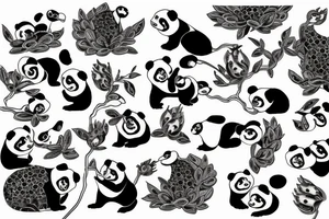 Realistic Crane and pandas surrounded by lotuses tattoo idea