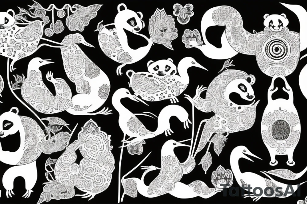 Realistic Crane and pandas surrounded by lotuses tattoo idea