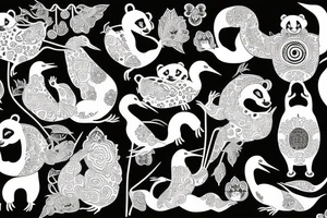 Realistic Crane and pandas surrounded by lotuses tattoo idea