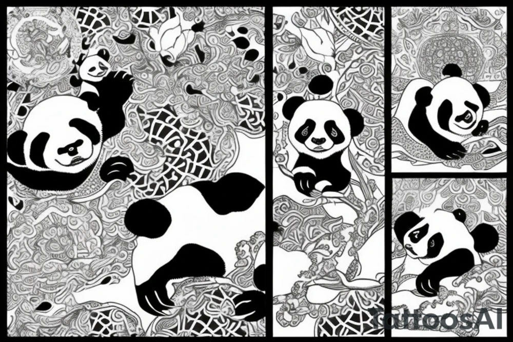 Realistic Crane and pandas surrounded by lotuses tattoo idea