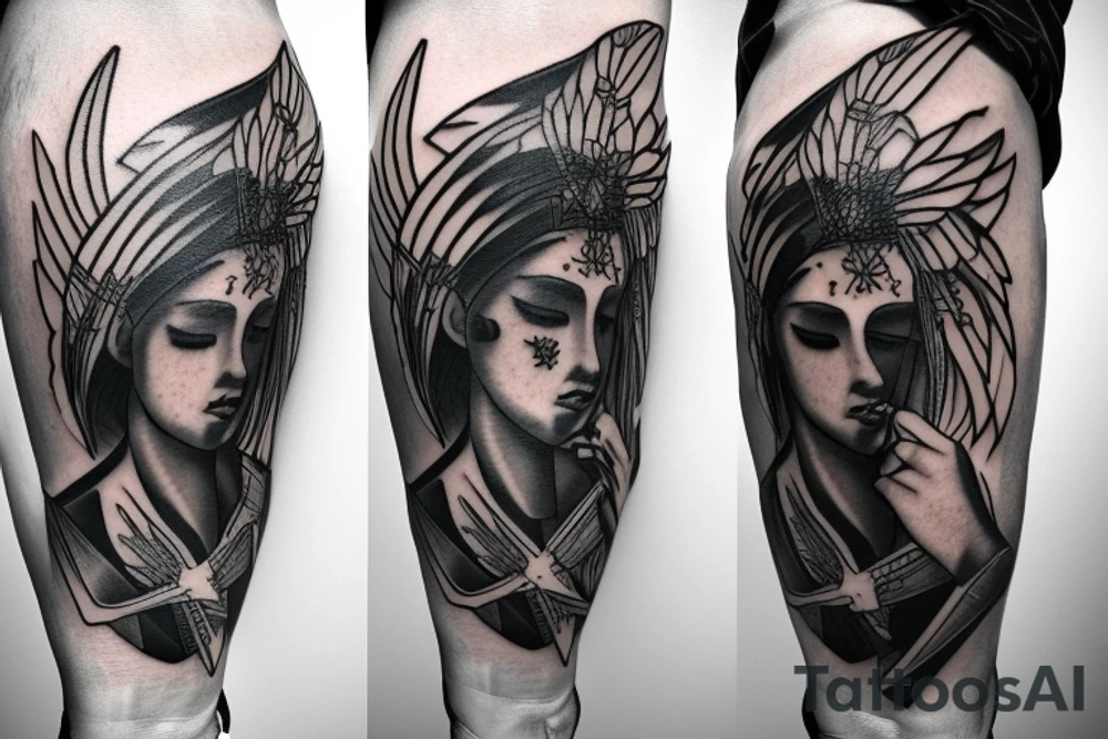 Lpion head with knight angel on hes knees additional add medical related items tattoo idea