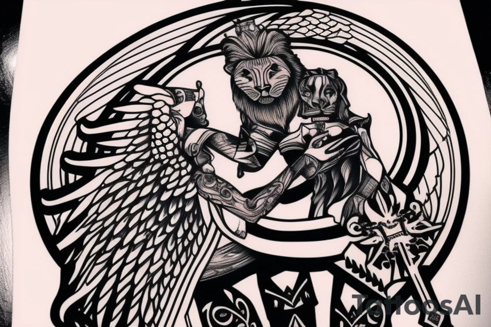Lion head with knight angel on hes knees tattoo idea