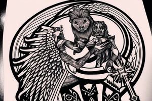 Lion head with knight angel on hes knees tattoo idea