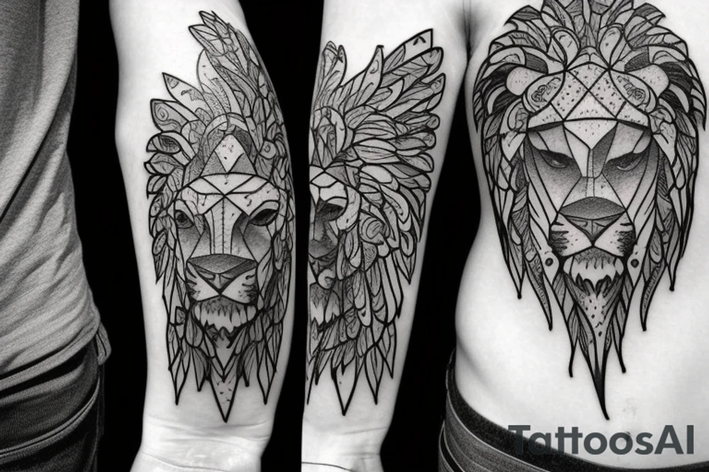 Lion head with knight angel on hes knees tattoo idea