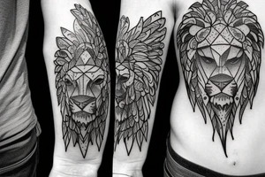Lion head with knight angel on hes knees tattoo idea