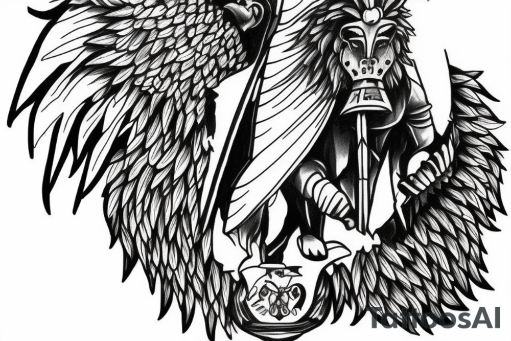 Lion head with knight angel on hes knees tattoo idea