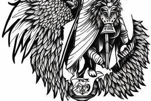 Lion head with knight angel on hes knees tattoo idea