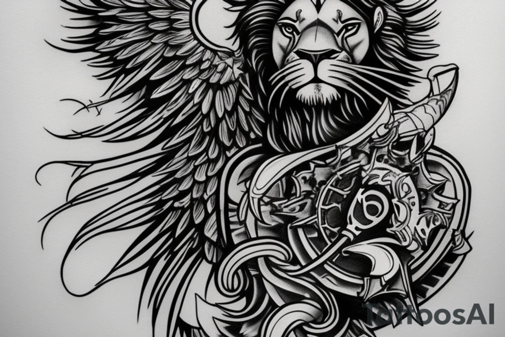 Lion head with knight angel on hes knees tattoo idea