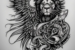 Lion head with knight angel on hes knees tattoo idea