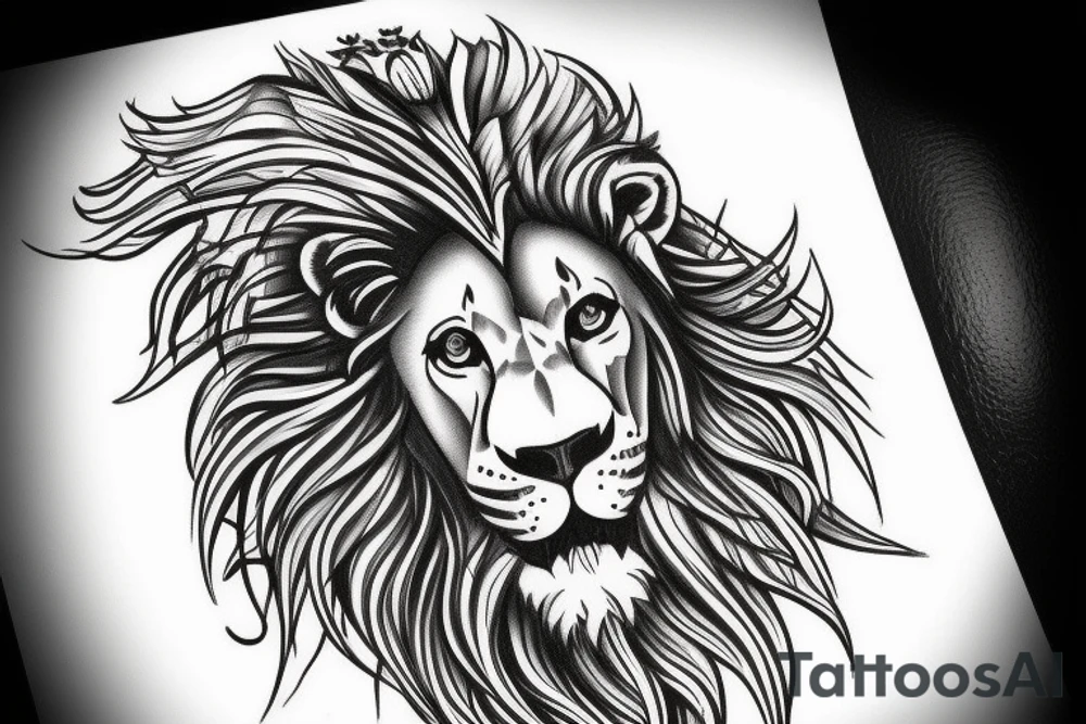 Lion head with angel on hes knees tattoo idea