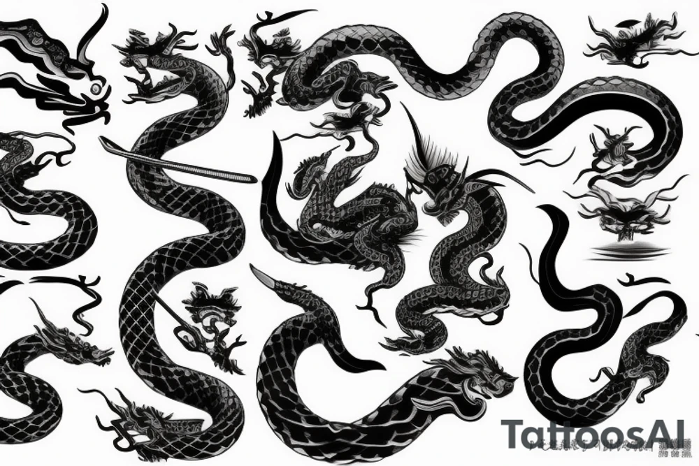 samurai with snake and dragon with filigree tattoo idea