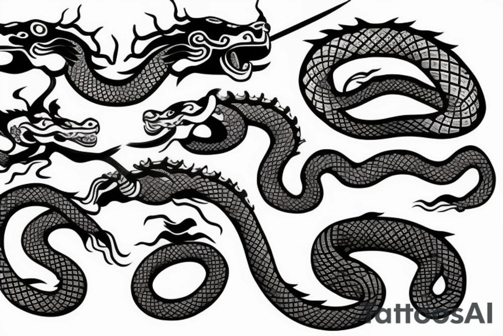 samurai with snake and dragon with filigree tattoo idea