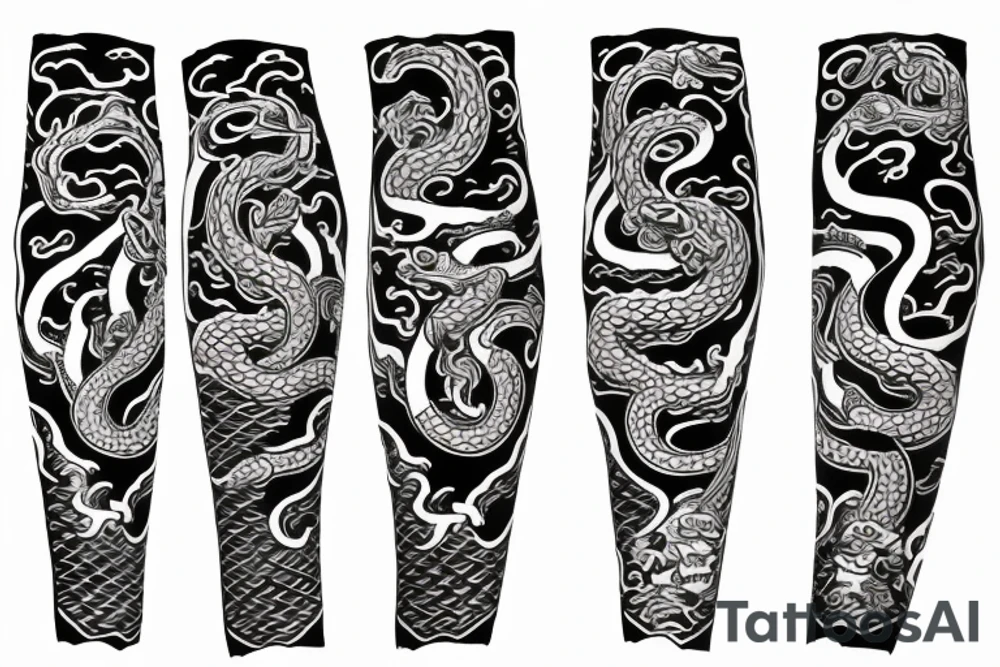 samurai with snake and dragon with filigree arm sleeve tattoo idea
