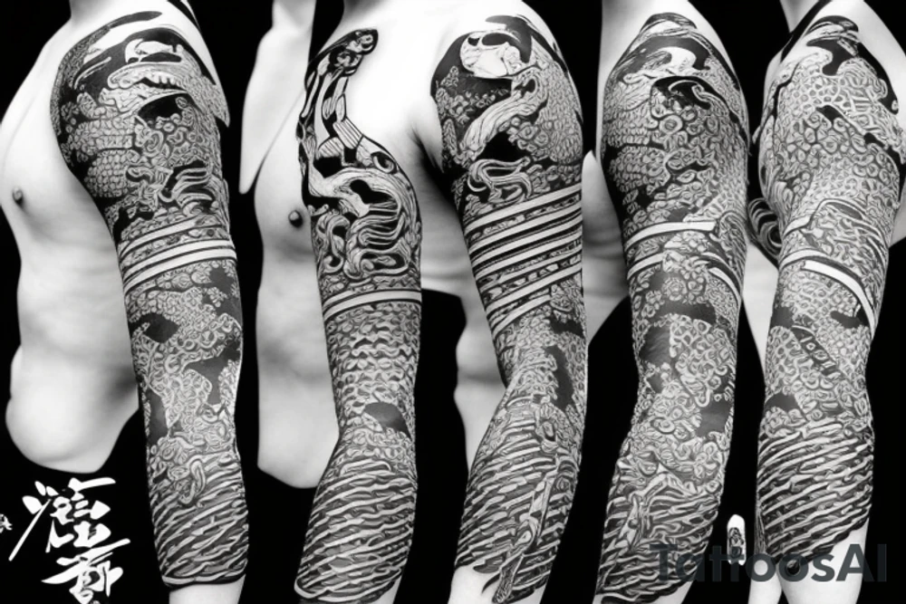 samurai with snake and dragon arm sleeve tattoo idea