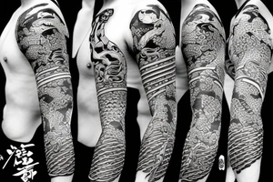 samurai with snake and dragon arm sleeve tattoo idea